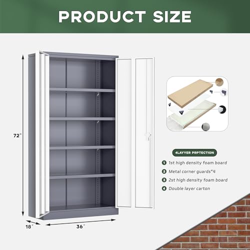 Greenvelly Metal Storage Cabinet, 72" Black Locking Metal Garage Storage Cabinet with Doors and 4 Adjustable Shelves