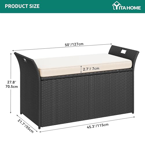 YITAHOME 90 Gallon Outdoor Wicker Storage Bench w/Cushion, Large PE Rattan Deck Storage Box w/Handles & Hydraulics for Patio Furniture, Cushions