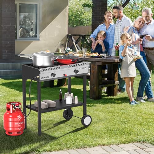 ROVSUN 2 Burner Outdoor Propane Gas Stove with Auto-ignition, Regulator & Shelf, 150