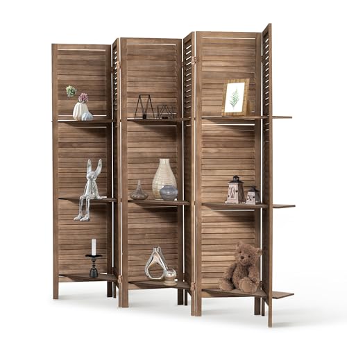 Osparple Room Divider with Shelves 6 Panel Wooden Folding Room Dividers Privacy Screen Wall Divider for Room Separation for Office and Apartment