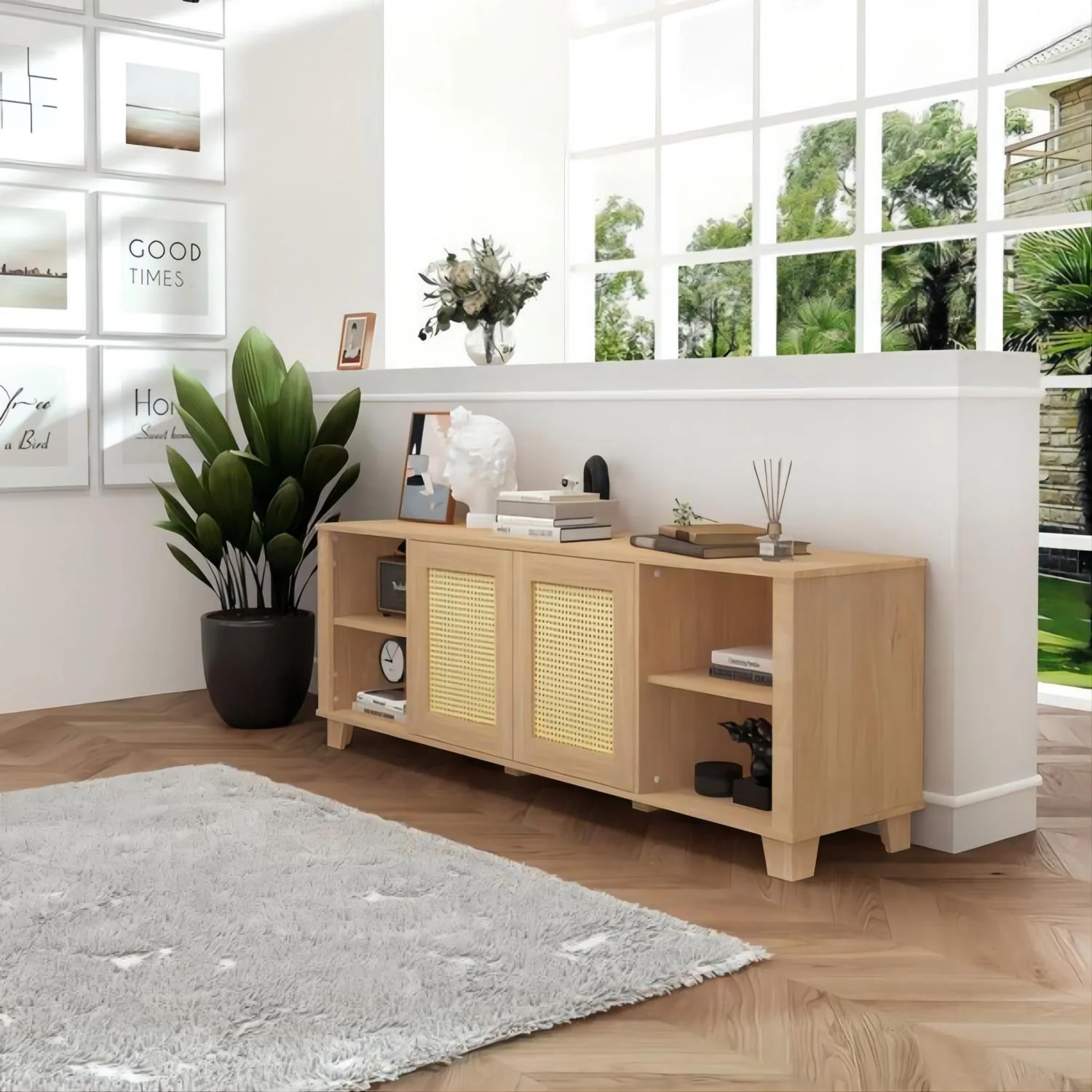 MAICOSY Boho Chic 64.4 inch Rattan TV Stand for 65/70 inch TV Storage Console - Natural Oak