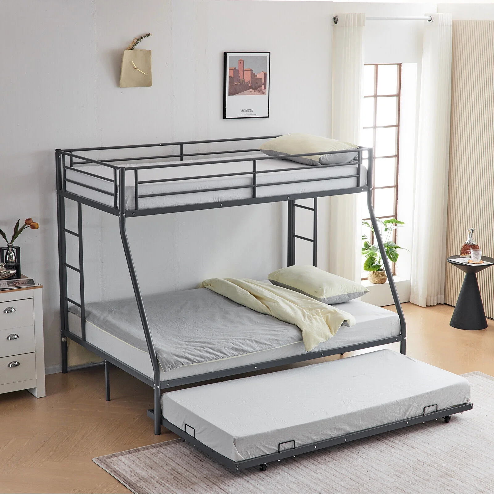 Metal Twin Over Twin Bunk Beds With Trundle Ladder Kids Bedroom Furniture Heavy - Curated Treasures Market