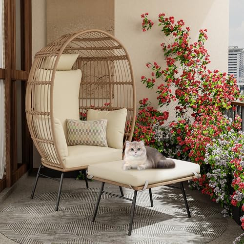 Oversized Wicker Egg Chair with Ottoman, Patio Lounge Chairs with Thick Cushion, Rattan Egg Basket with Steel Frame for Indoor/Outdoor, Porch
