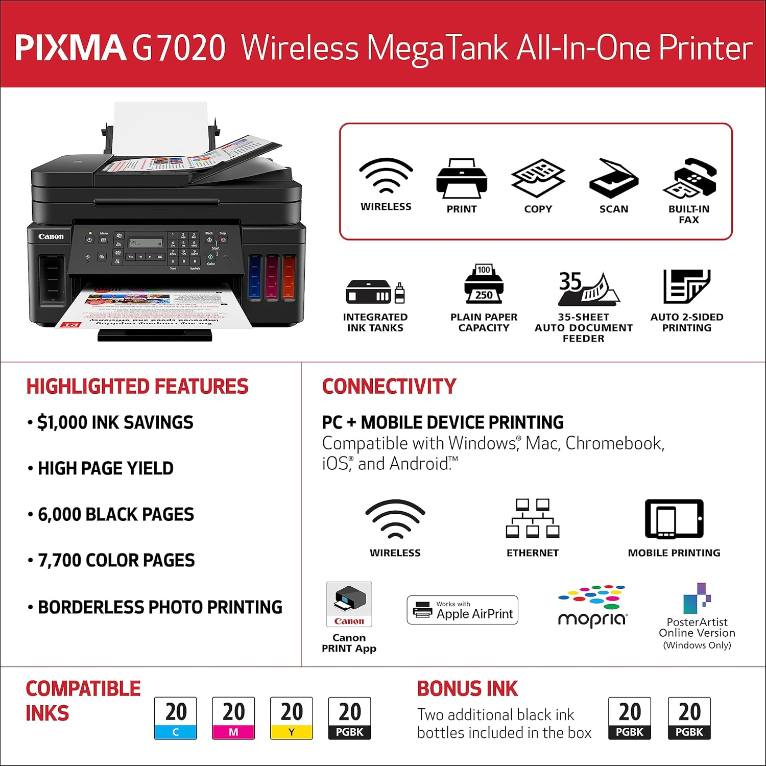 Canon G7020 All-in-One Printer Home Office | Wireless Supertank (Megatank) Printer | Copier | Scan, | Fax and ADF with Mobile Printing, Black