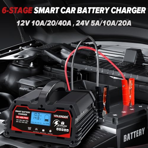 Battery Charger 40A, 12V/24V Lead Acid Smart Battery Charger, 12V LiFePO4 Car Battery Trickle Charger