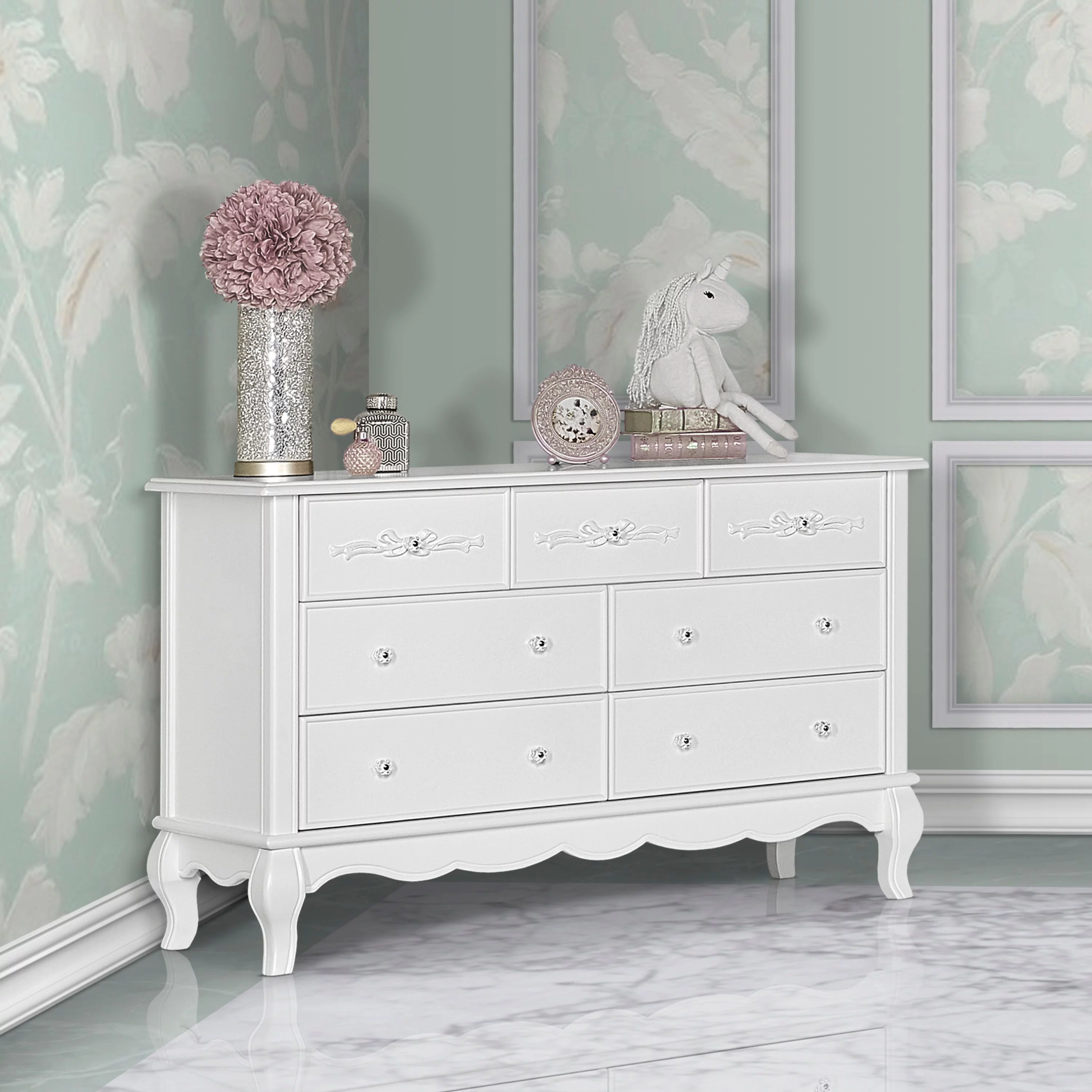 Evolur Aurora 7 Drawer Double Dresser Frost, Spacious Drawers