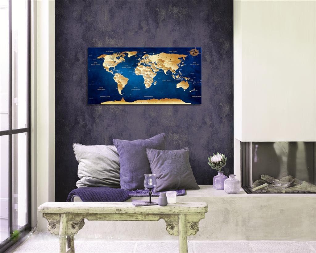Wall Art blue map of the world Painting Ready to Hang -20 x 40 Pieces Large Framed wall art world Map Canvas Art Map wall decorations Artwork Prints