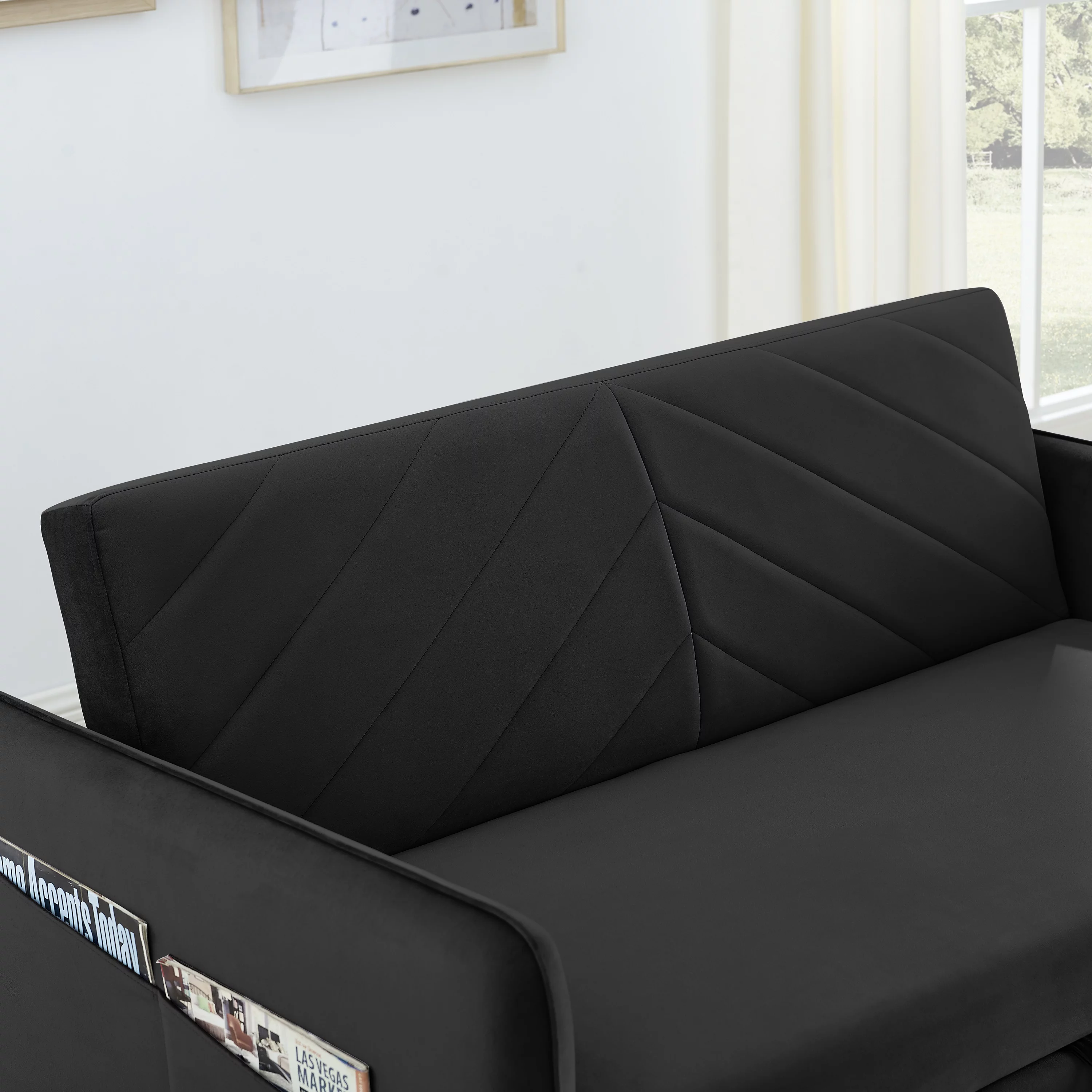 MOMSPEACE 3 in 1 Sleeper Sofa Couch Bed with 2 USB Ports, 55" Velvet Convertible Loveseat with Pull Out Sofa Bed for Living Room - Black