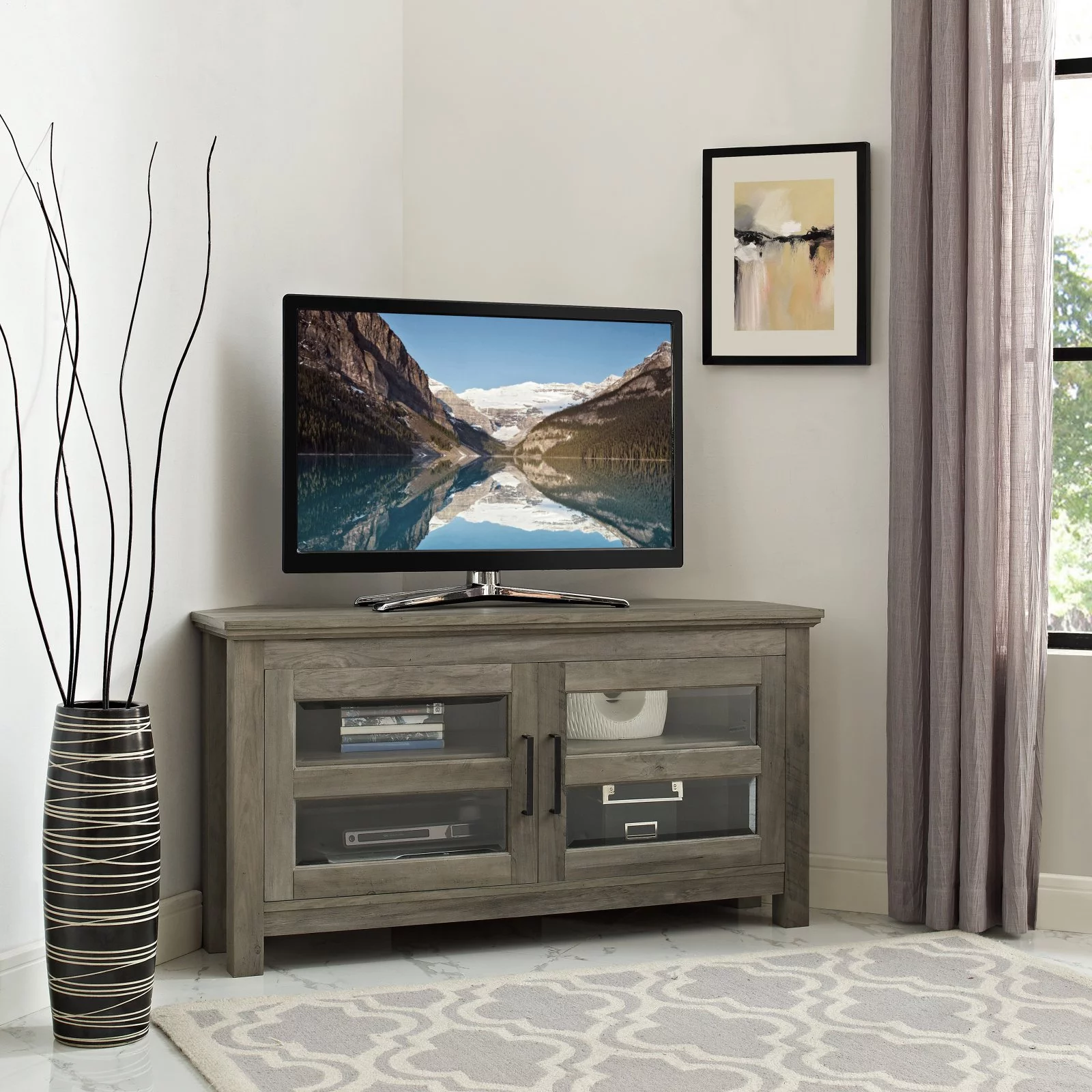 44" Transitional Farmhouse Wood Corner TV Console in Grey Wash