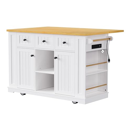 Rolling Kitchen Island with Drop Leaf & Power Outlet, Large Kitchen Islands Cart on Wheels