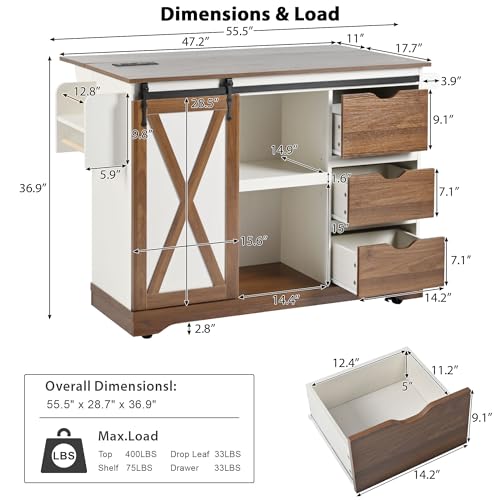 Farmhouse Kitchen Island with Power Outlet, Drop Leaf, Spice Rack and Drawer,Rolling Kitchen Cart on Wheels