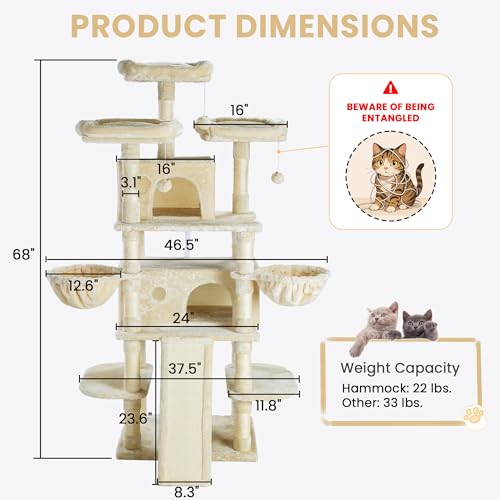 SHA CERLIN 68 Inches Multi-Level Large Cat Tree for Large Kitties/Big Cat Tower with Condo/Cozy Plush &zwnj