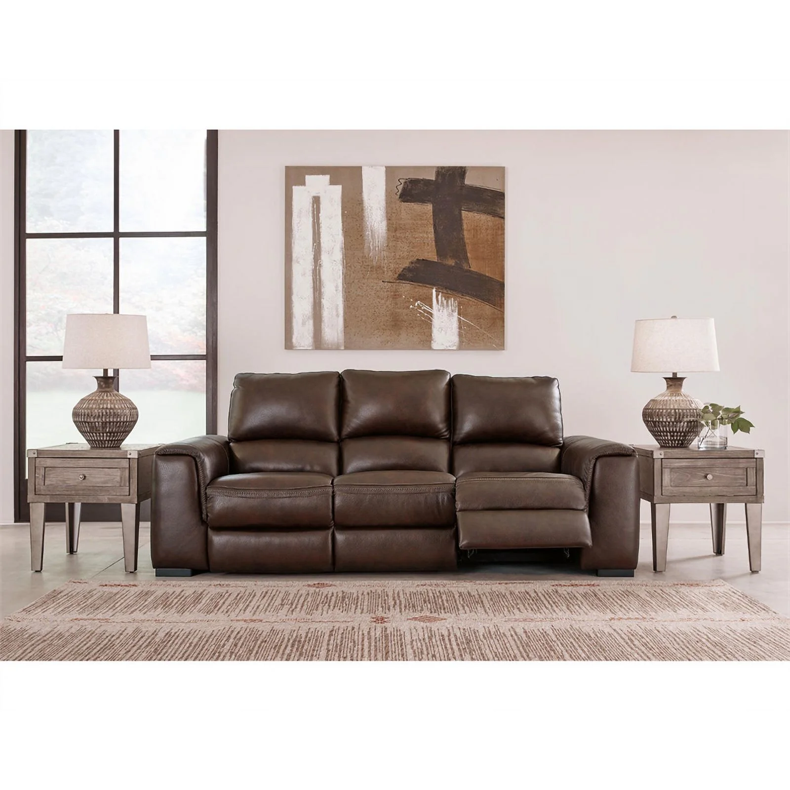 Ashley Furniture Alessandro Leather Power Reclining Sofa with Headrest in Walnut