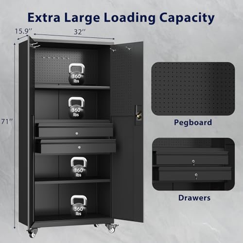 71" Metal Garage Storage Cabinet with Drawers and Wheels Rolling Tool Chest Cabinet with Pegboards