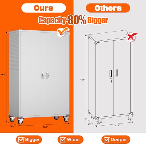 Garage Storage Cabinet with Wheels & Pegboard, 72" H Locking Metal Storage Cabinet with Doors and 4 Adjustable Shelves for Garage Workshop Home