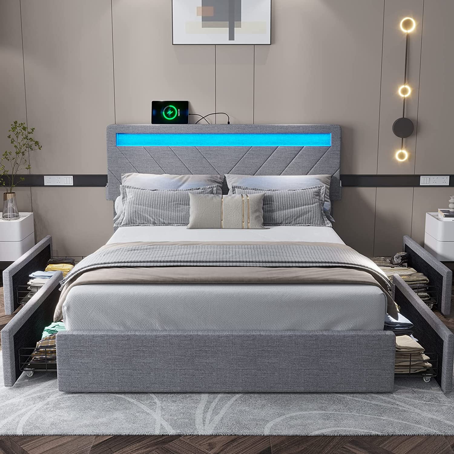 Queen Size Bed Frame with 4 Drawers, Upholstered Platform Bed with LED Lights Headboard and USB Charging Station, No Box Spring Needed, Dark Grey