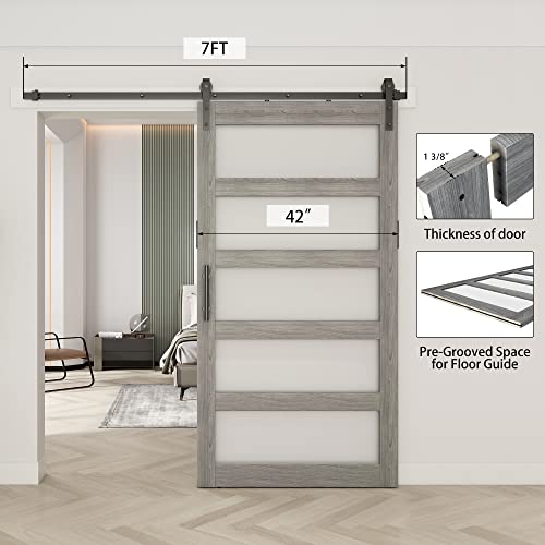 BARNSMITH 42in x 84in Glass Barn Door with 7FT Sliding Door Hardware Kit Included & Handle