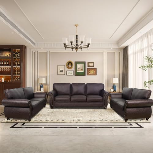 Mid-Century Vintage Sofa Couches with Rivet Design,3-Seater Sofa,Removable Sofa Cover Upholstered Cushions and Solid Wood Frame (Brown, 3-Seater)