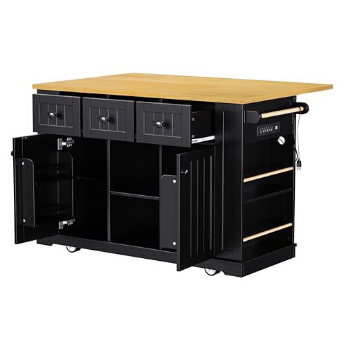 Merax 53" Kitchen Cart Island on Wheels with Power Outlet,Drop Leaf,3 Drawers and 5 Open Side Racks,Wood Frame Storage Cabinet