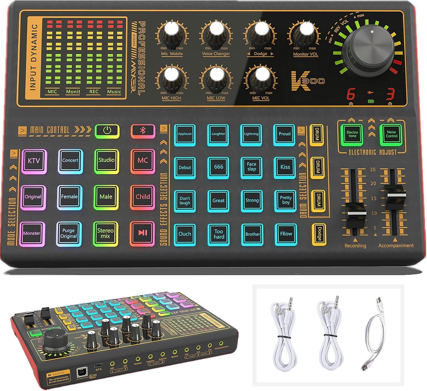 Sound Mixer Board, LED Light Voice Changer Sound Card with Multiple Sound Effects - Live Sound Card for Live Streaming