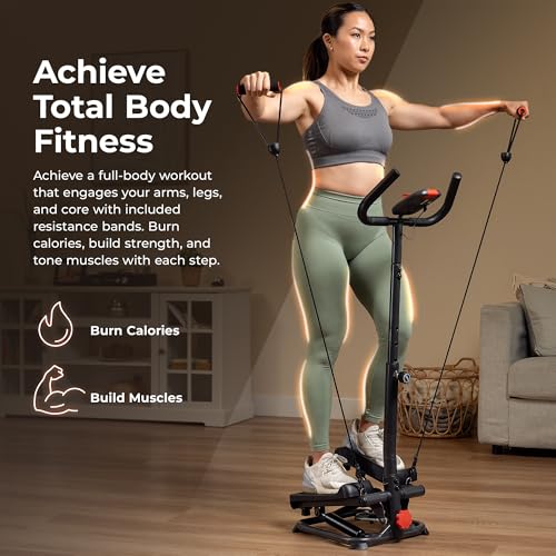 Sunny Health & Fitness Total Body 2-in-1 Smart Stepper Machine for Home with Handlebar and Resistance Bands, Total Body Workout, Adjustable Hydraulic
