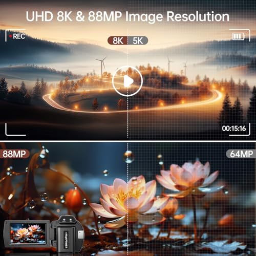 8K Video Camera Camcorder 88MP UHD WiFi Vlogging Cameras for YouTube 18X Digital Zoom IR Night Vision 3.0''Touch Screen Camera with 32GB Card