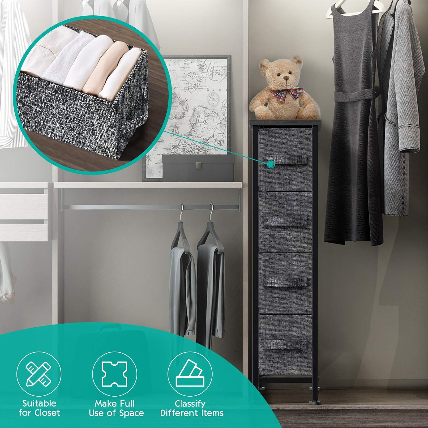 FURNINXS Narrow Vertical Dresser Chest Storage Tower with 4 Fabric Drawer Bin Organizer Unit Slim Furniture for Bedroom, Closet, Hallway, Entryway