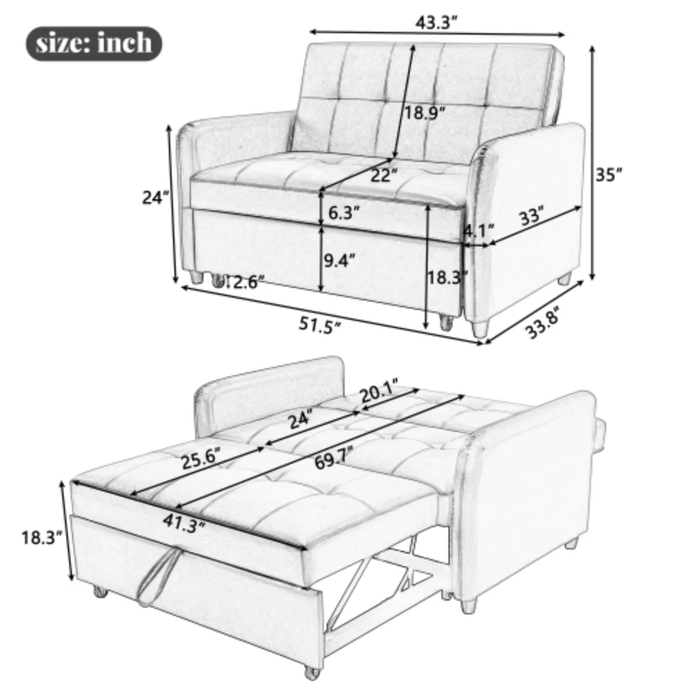 51" Convertible Sleeper Bed, Adjustable Oversized Armchair with Dual USB Ports for Small Space
