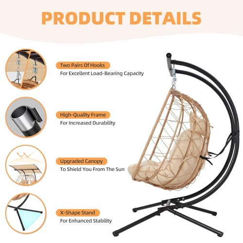 YOLENY Oversized Double Egg Chair with Adjustable Canopy, Patio Hanging Swing Chair, Hammock Chair with Cushion