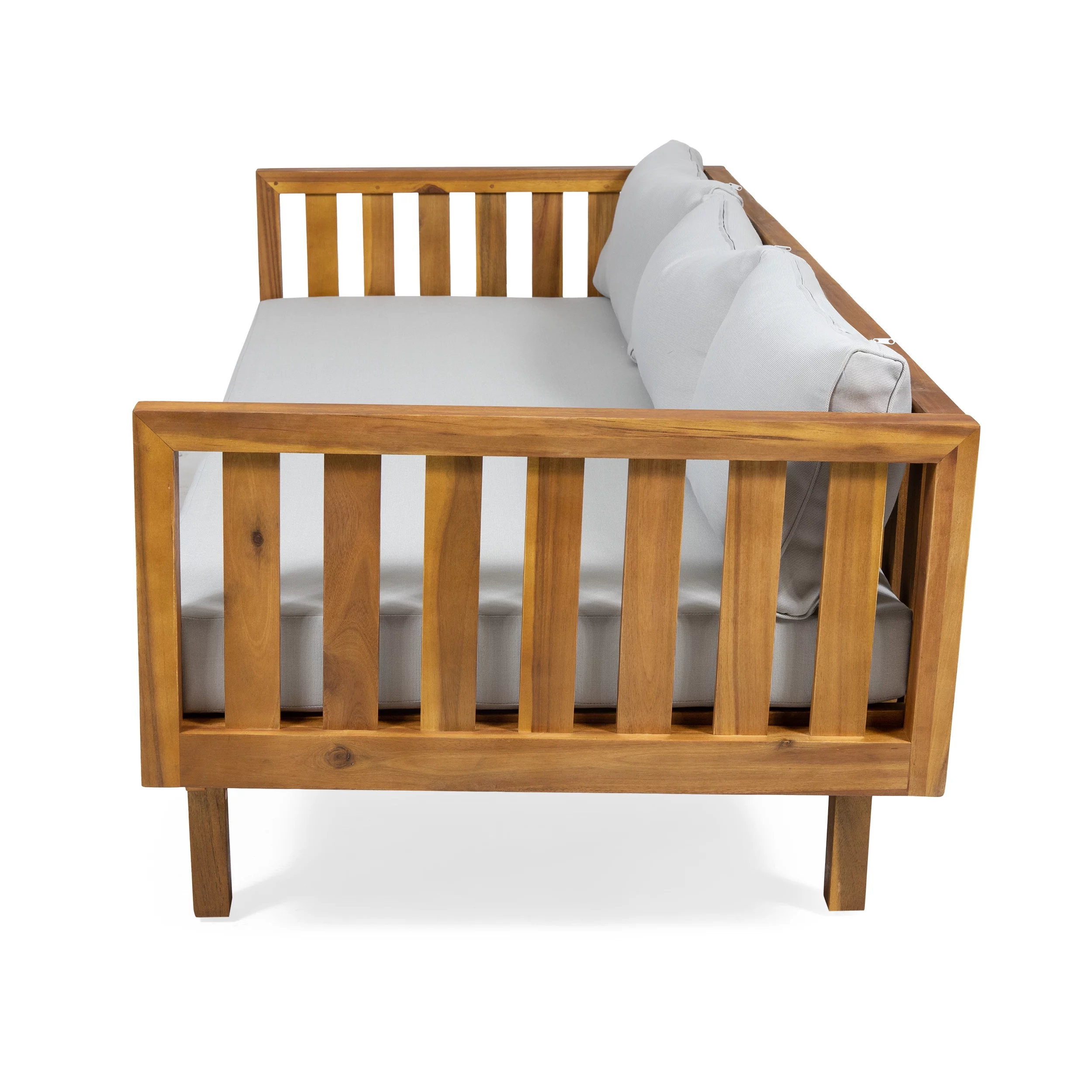 Noble House Lainey Outdoor 3-Seater Acacia Wood Daybed, Teak, Light Gray