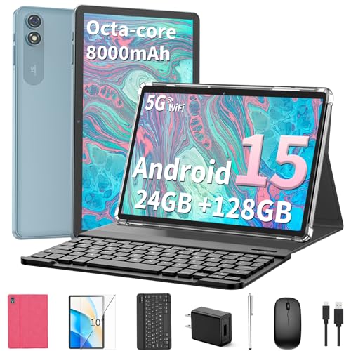 2025 Android 15 Tablet with Keyboard, 24GB+128GB+2TB Expand, 10.1 Inch Octa-Core 2-in-1 Tablets with 5G/2.4G WiFi, 8000mAh, BT5.0, GMS Certified