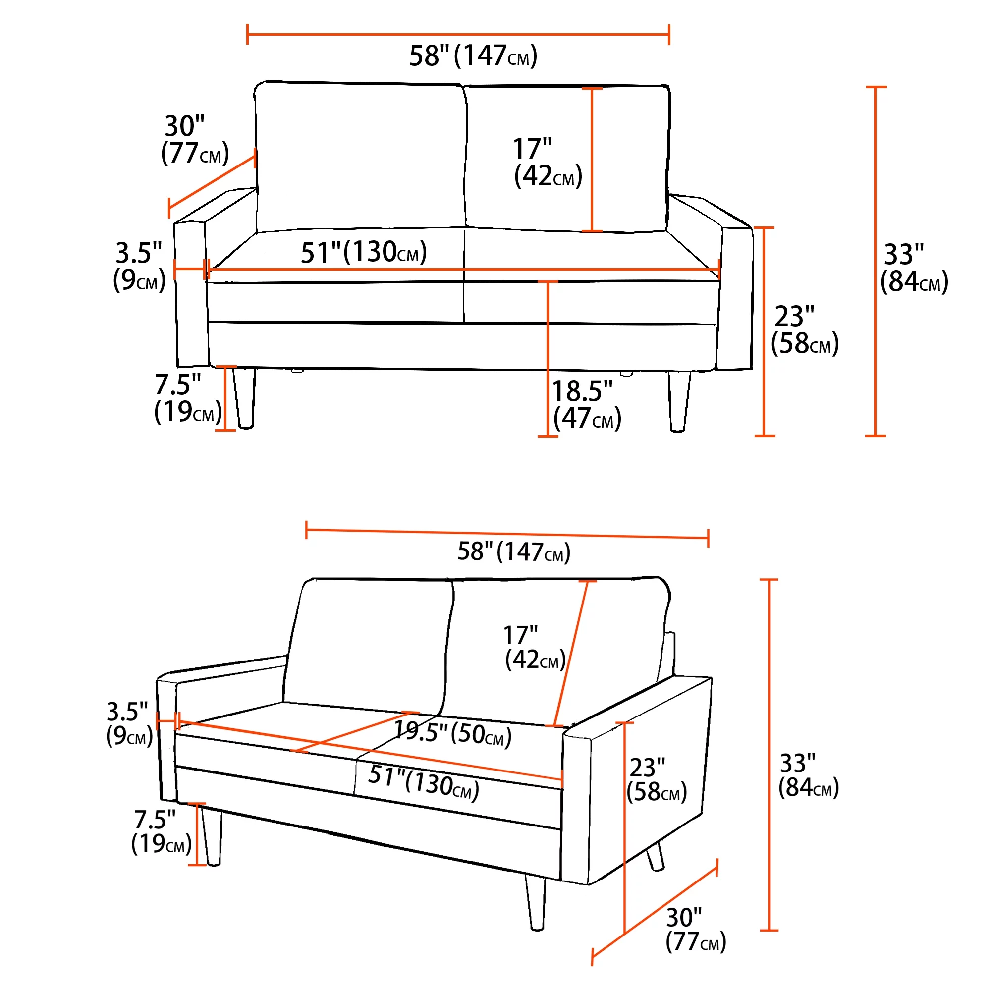 Koby Home Sectional Sofa 58" Loveseat Couch Sofas Couches for Living Room Lavender Pink