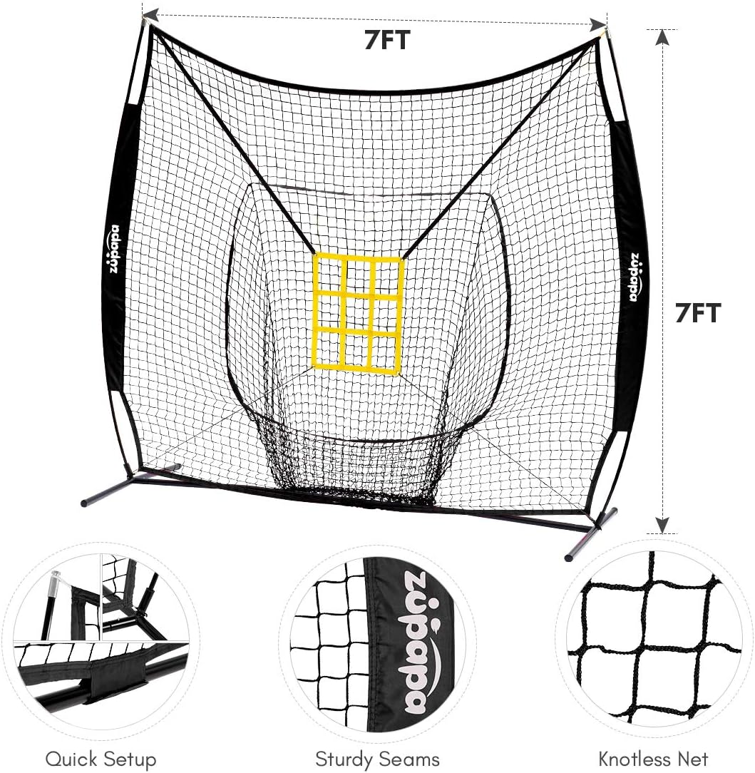 Zupapa 7 by 7 Feet Baseball Softball Hitting Pitching Net with Strike Zone, Baseball Backstop Practice Net for Batting Catching for All Skill Levels