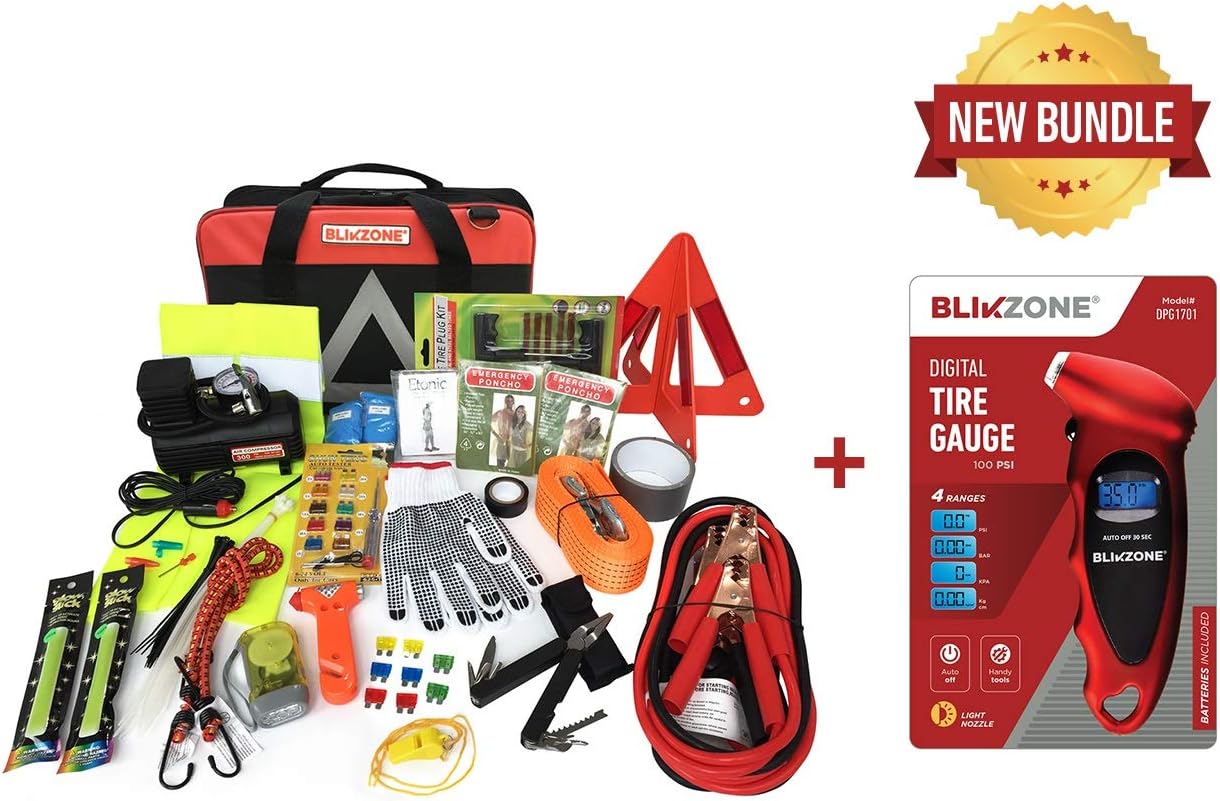 BLIKZONE Auto Roadside Emergency car kit Camo 81 Pc for Vehicle Emergency: Portable Air Compressor, Jumper Cables, Tire Repair Kit
