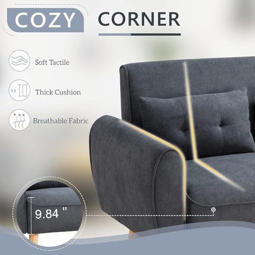 Shintenchi 47" Modern Linen Loveseat Sofa with 2 Pillows - Dark Grey | Compact, Stylish & Comfortable for Apartments, Studios & Small Spaces