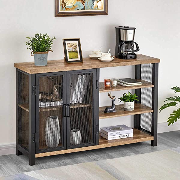 BON AUGURE Industrial Bar Cabinet for Liquor and Glasses, Rustic Wood and Metal Wine Rack Table, &nbsp;Accent Sideboard Buffet with Doors (47 Inch