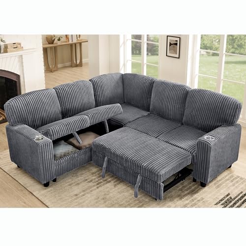 L-Shaped Pull Out Sleep Sofabed,Modern Reversible Sleeper Sectional Sofa Chenille Upholstered Button Tufted Decor with Storage Chaise