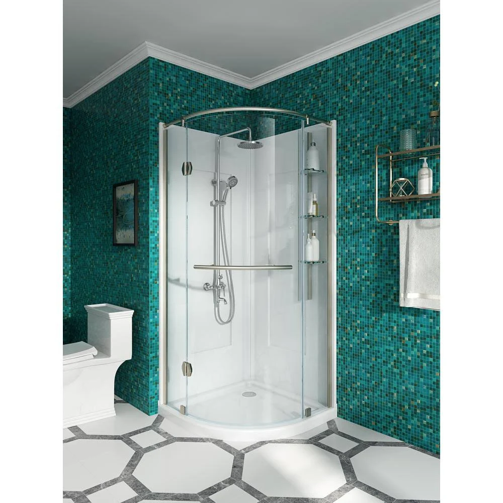 Glacier Bay Shower Stall Kit 34 in. x 76.40 in. Corner Drain Satin Nickel White GBSH133