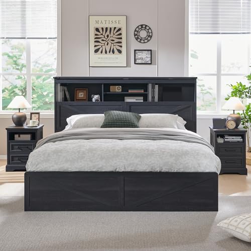 Queen Size Wood Bed Frame Farmhouse with 52" Tall Storage Bookcase Headboard, LED Light,Charging Station,4 Drawers and Solid Wood Slats Support