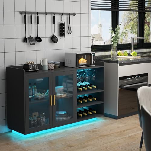 Loomie Wine Bar Cabinet with LED Lights, Floating Coffee Bar with Glass Rack and Removable Wine Racks, Modern Buffet Sideboard with Storage Shelves