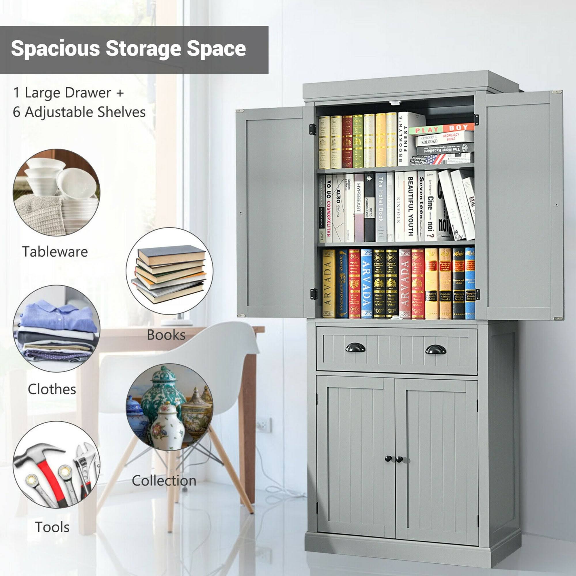 Gymax Kitchen Cabinet Pantry Cupboard Freestanding w/Shelves Grey - See Details