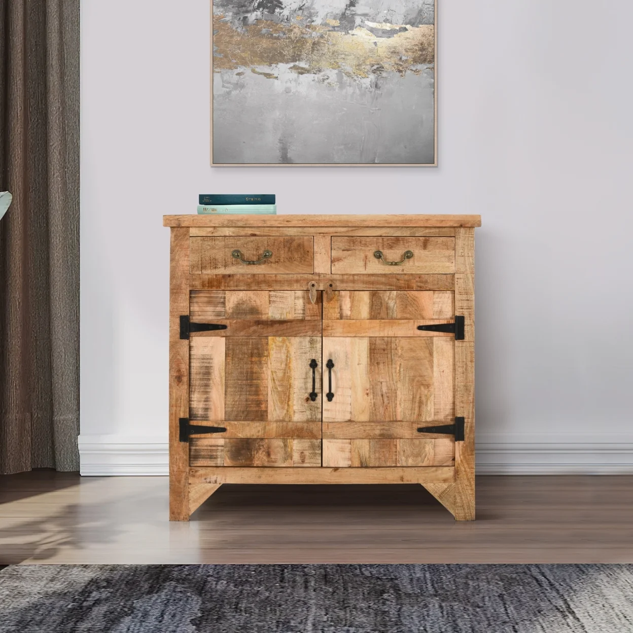 39 Inch Artisanal Farmhouse Style 2 Drawer Mango Wood Cabinet Console with 2 Door Storage, Rustic Brown- Saltoro Sherpi