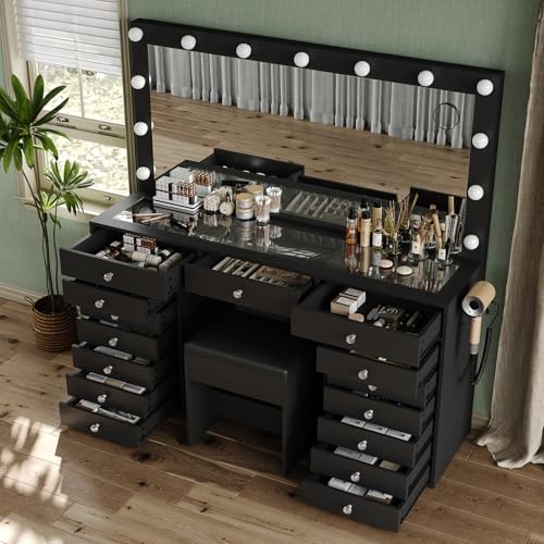 55" W Vanity Desk, Makeup Vanity with Charging Station, 15 Drawers with Lighted Mirror, 3 Lighting Modes, Brightness Adjustable, Glass Top