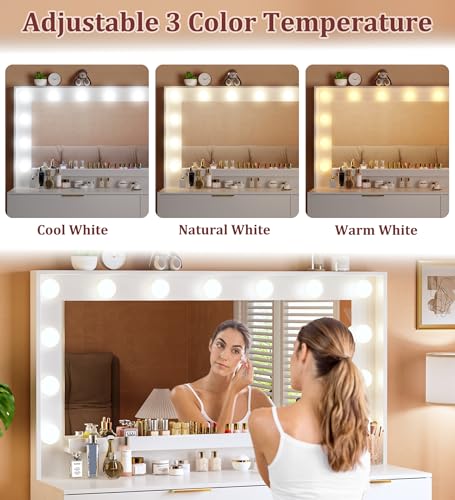 Vanity Desk with Large Mirror and Lights, 45.3in Makeup Vanity with Power Outlet 9 Drawers & Storage, 3 Lighting Color Adjustable