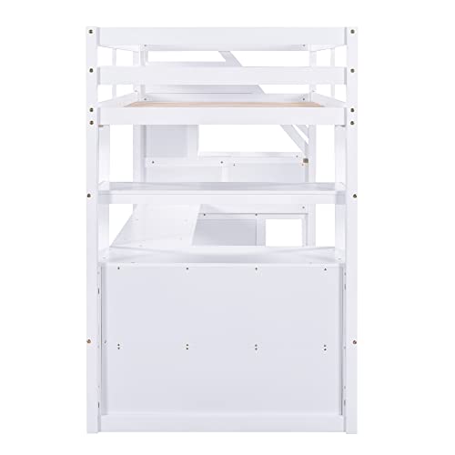 Harper & Bright Designs Twin Over Twin Bunk Bed with Stairs and Trundle, Solid Wood Stairway Bunk Bed Frame with Storage