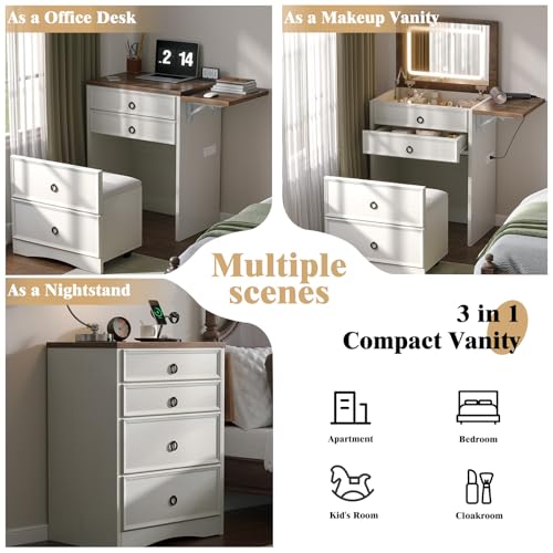 3-in-1 Vanity Set with LED Lighted Flip Top Mirror, Makeup Table with Fold-Up Panel, Hidden Stool, Charging Station