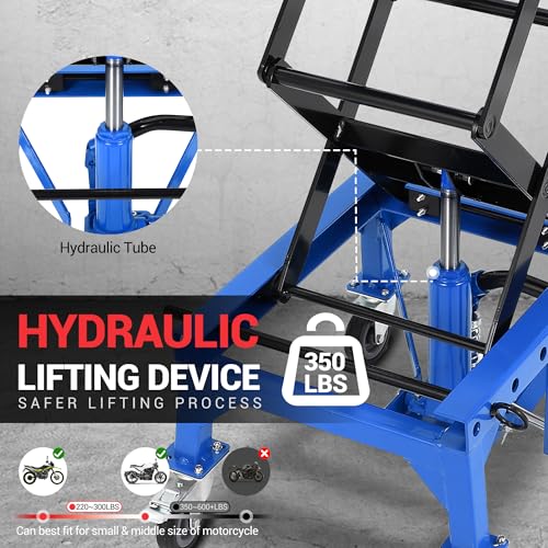 Hydraulic Motorcycle Lift Jack 350LBS, Foot Operated Scissor Lift Table for ATV Dirt Bike, Heavy-Duty Steel Stand with Safety Lock & Wheels