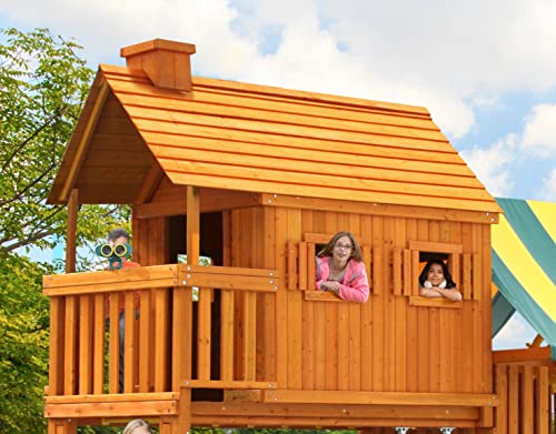 Fantasy Tree House Solid Cedar Wood Swing Set | Jungle Gym with Built-in Tree House, Clubhouse, Wave Slide