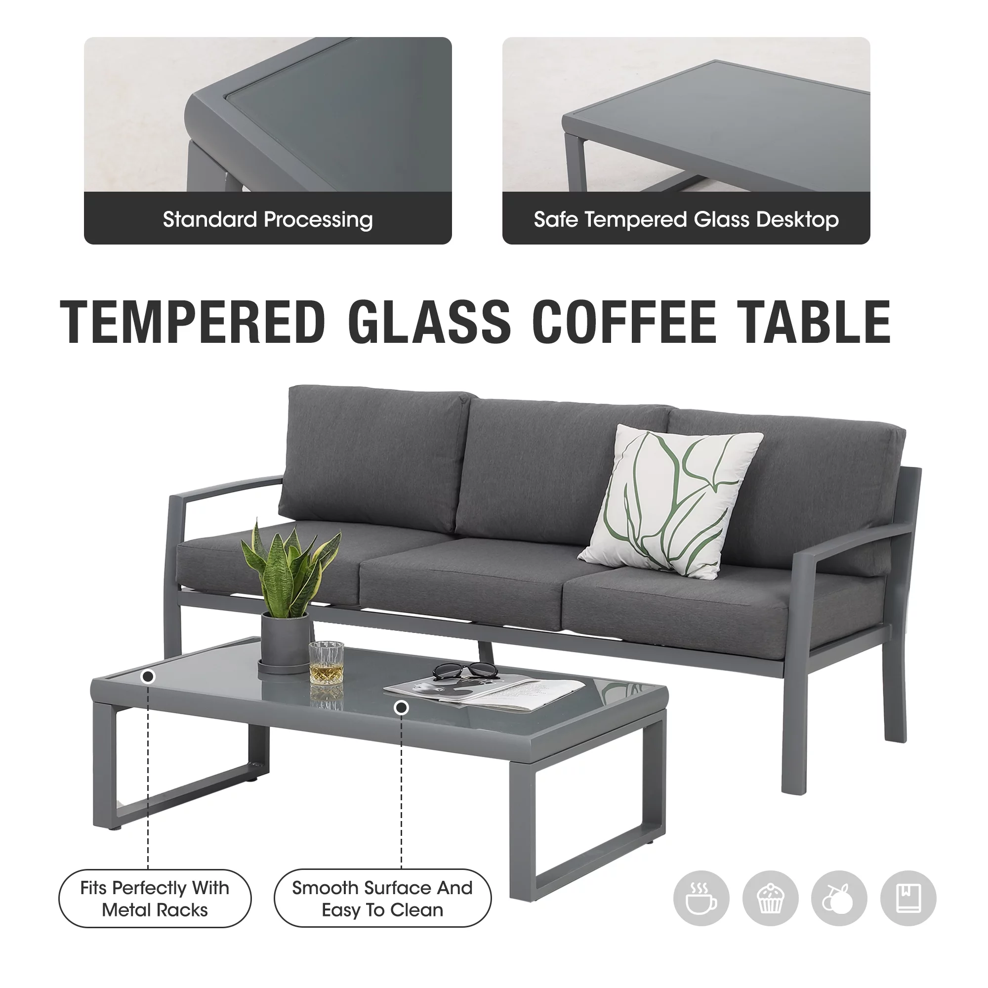 Superjoe Metal Patio Outdoor Furniture Set, 4 Piece Outdoor Deep Seating Conversation Sets with Tempered Glass Top Coffee Table
