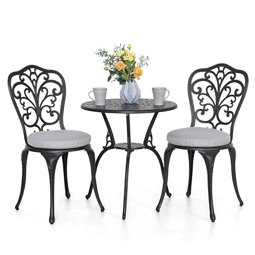 NUU GARDEN 3 Piece Bistro Set Outdoor, All Weather Cast Aluminum Patio Bistro Sets Patio Table and Chairs Set of 2 with Umbrella Hole for Yard
